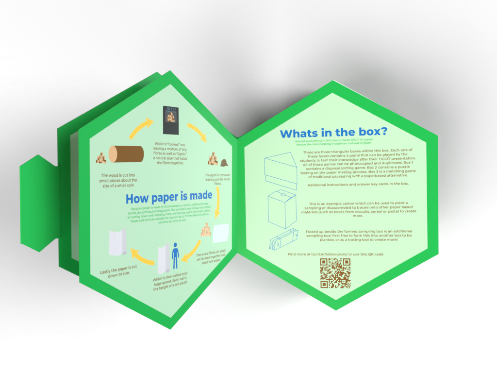 This is a render showing the last page of the booklet intended to make learning about the sustainability of paperboard fun, the second spread details what is in the main compartment (the three packaged paper games and the two tree planters) as well as a QR code to more resources. <br> <br> Due to the pandemic limiting resources, I had to teach myself how to visually render our design. Using TinkerCAD and Adobe Dimension, I think I did pretty well.